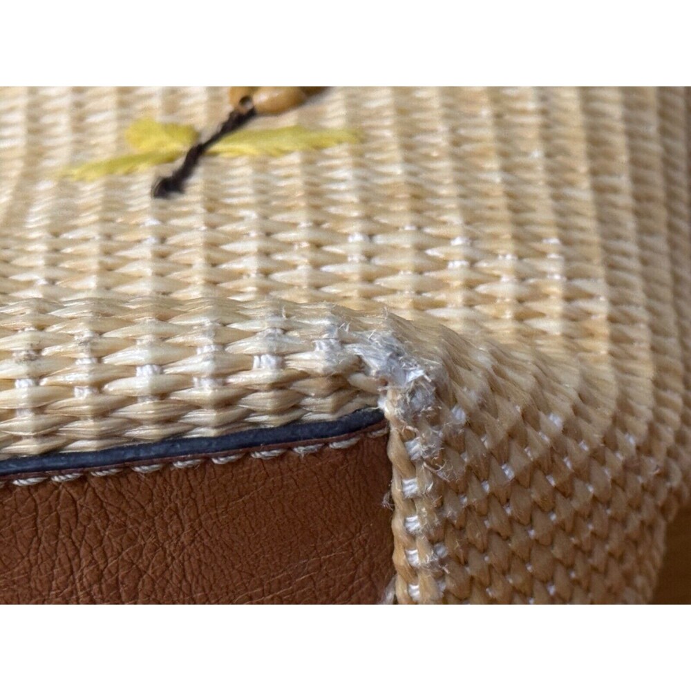 Fossil Straw Bag w Embroidered Flowers Leather Handle Trim - Picture 4 of 6
